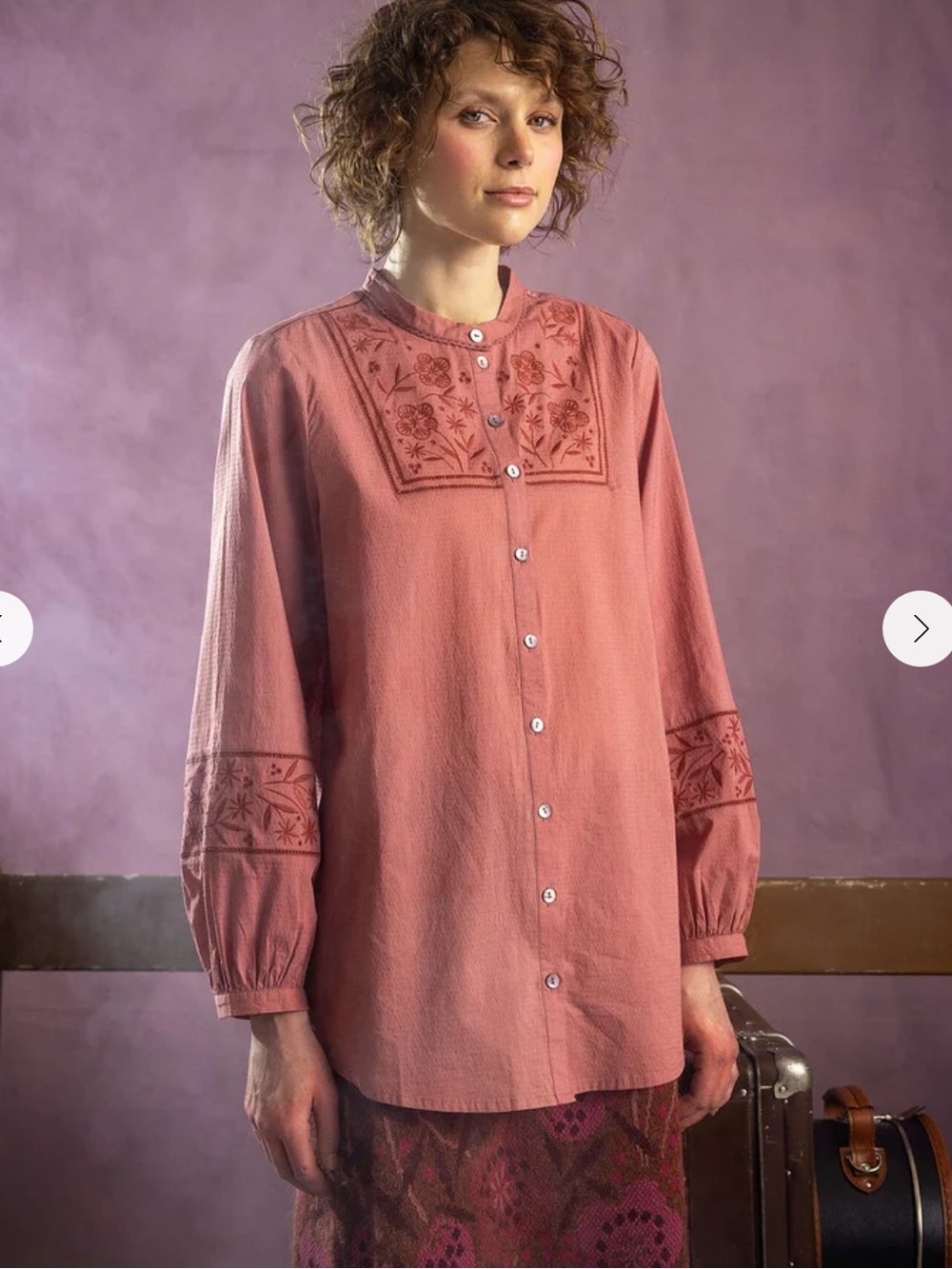 Gudrun Sjöden LoveEmbroidered Organic Cotton Blouse Mandarin Collar Puff Sleeve